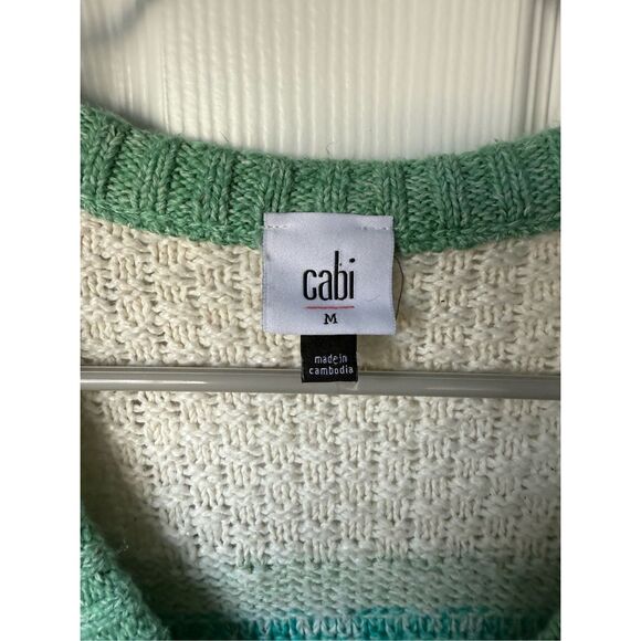 Cabi Sweater Medium Women's Color Block Fisherman Green White V Neck - Picture 2 of 3